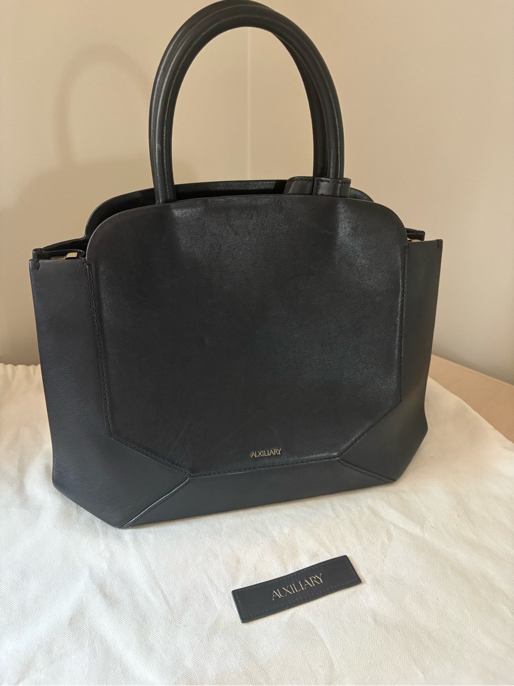 Auxiliary Black Structured Satchel Tote with Top Handles